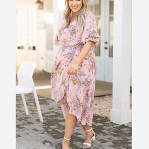 Chic Soul Wrap dress Asymmetric hem Pink Floral Ruffle sleeves Plus size 1XL